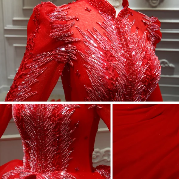 Chinesischer Stil Rot Hochzeits Brautkleider / Hochzeitskleider 2020 Ballkleid Stehkragen Lange Ärmel Rückenfreies Applikationen Spitze Perlenstickerei Pailletten Kathedrale Schleppe Rüschen