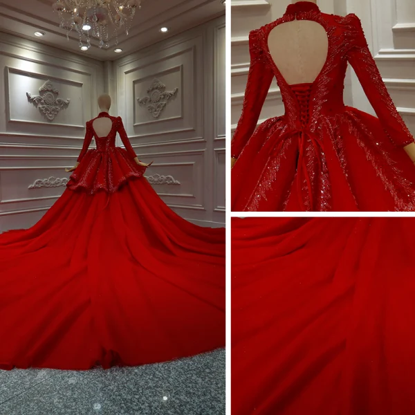 Chinesischer Stil Rot Hochzeits Brautkleider / Hochzeitskleider 2020 Ballkleid Stehkragen Lange Ärmel Rückenfreies Applikationen Spitze Perlenstickerei Pailletten Kathedrale Schleppe Rüschen