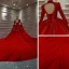 Chinesischer Stil Rot Hochzeits Brautkleider / Hochzeitskleider 2020 Ballkleid Stehkragen Lange Ärmel Rückenfreies Applikationen Spitze Perlenstickerei Pailletten Kathedrale Schleppe Rüschen