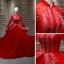 Chinesischer Stil Rot Hochzeits Brautkleider / Hochzeitskleider 2020 Ballkleid Stehkragen Lange Ärmel Rückenfreies Applikationen Spitze Perlenstickerei Pailletten Kathedrale Schleppe Rüschen