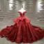 Luxury / Gorgeous Burgundy Bridal Wedding Dresses 2020 Ball Gown Off-The-Shoulder Deep V-Neck Short Sleeve Backless Appliques Lace Beading Cathedral Train Ruffle