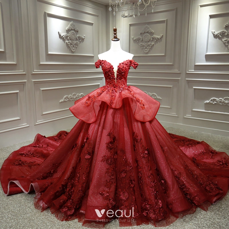 Luxury Gorgeous Burgundy Bridal Wedding Dresses 2020 Ball Gown