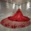 Luxury / Gorgeous Burgundy Bridal Wedding Dresses 2020 Ball Gown Off-The-Shoulder Deep V-Neck Short Sleeve Backless Appliques Lace Beading Cathedral Train Ruffle