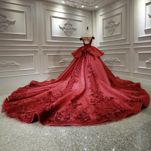 Luxury / Gorgeous Burgundy Bridal Wedding Dresses 2020 Ball Gown Off-The-Shoulder Deep V-Neck Short Sleeve Backless Appliques Lace Beading Cathedral Train Ruffle