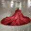 Luxury / Gorgeous Burgundy Bridal Wedding Dresses 2020 Ball Gown Off-The-Shoulder Deep V-Neck Short Sleeve Backless Appliques Lace Beading Cathedral Train Ruffle