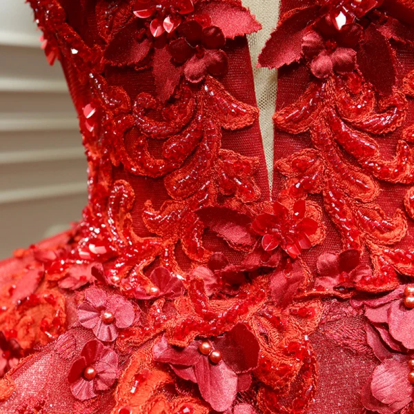 Luxury / Gorgeous Burgundy Bridal Wedding Dresses 2020 Ball Gown Off-The-Shoulder Deep V-Neck Short Sleeve Backless Appliques Lace Beading Cathedral Train Ruffle