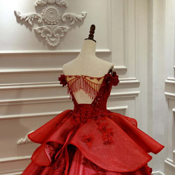 Luxury / Gorgeous Burgundy Bridal Wedding Dresses 2020 Ball Gown Off-The-Shoulder Deep V-Neck Short Sleeve Backless Appliques Lace Beading Cathedral Train Ruffle