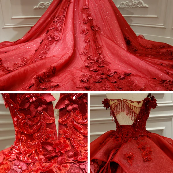 Luxury / Gorgeous Burgundy Bridal Wedding Dresses 2020 Ball Gown Off-The-Shoulder Deep V-Neck Short Sleeve Backless Appliques Lace Beading Cathedral Train Ruffle