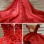 Luxury / Gorgeous Burgundy Bridal Wedding Dresses 2020 Ball Gown Off-The-Shoulder Deep V-Neck Short Sleeve Backless Appliques Lace Beading Cathedral Train Ruffle
