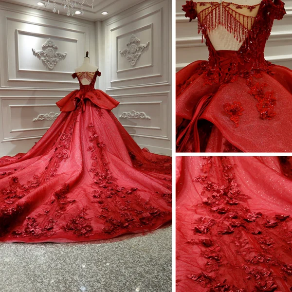 Luxury / Gorgeous Burgundy Bridal Wedding Dresses 2020 Ball Gown Off-The-Shoulder Deep V-Neck Short Sleeve Backless Appliques Lace Beading Cathedral Train Ruffle