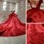Luxury / Gorgeous Burgundy Bridal Wedding Dresses 2020 Ball Gown Off-The-Shoulder Deep V-Neck Short Sleeve Backless Appliques Lace Beading Cathedral Train Ruffle