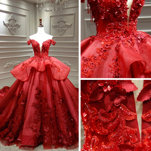 Luxury / Gorgeous Burgundy Bridal Wedding Dresses 2020 Ball Gown Off-The-Shoulder Deep V-Neck Short Sleeve Backless Appliques Lace Beading Cathedral Train Ruffle