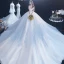 Fantastisk Vita Genomskinliga Bröllopsklänningar 2020 Balklänning Urringning Korta ärm Halterneck Appliqués Spets Beading Cathedral Train Ruffle