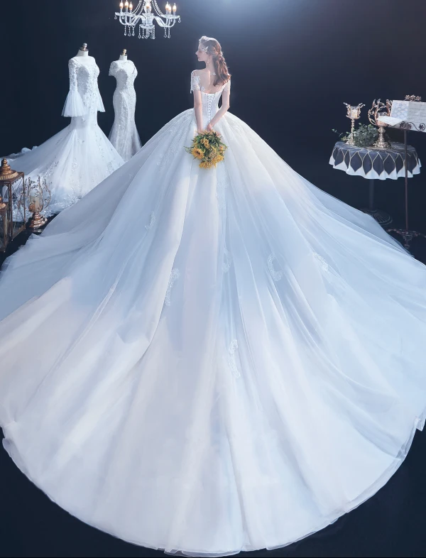 Fantastisk Vita Genomskinliga Bröllopsklänningar 2020 Balklänning Urringning Korta ärm Halterneck Appliqués Spets Beading Cathedral Train Ruffle