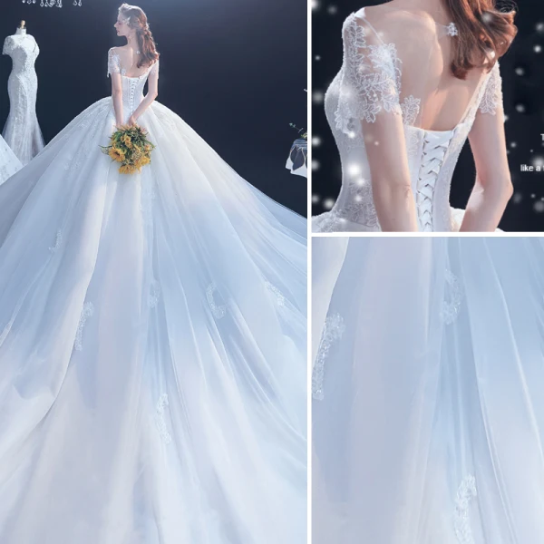 Fantastisk Vita Genomskinliga Bröllopsklänningar 2020 Balklänning Urringning Korta ärm Halterneck Appliqués Spets Beading Cathedral Train Ruffle