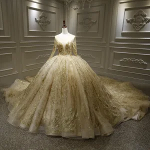Luxe Champagne La Mariée Robe De Mariée 2020 Robe Boule Transparentes Encolure Dégagée Manches Longues Dos Nu Appliques En Dentelle Perlage Paillettes Royal Train Volants