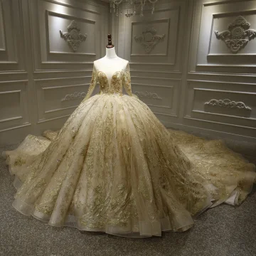 Luxe Champagne La Mariée Robe De Mariée 2020 Robe Boule Transparentes Encolure Dégagée Manches Longues Dos Nu Appliques En Dentelle Perlage Paillettes Royal Train Volants