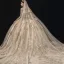 Luxury / Gorgeous Champagne Bridal Wedding Dresses 2020 Ball Gown See-through Scoop Neck Long Sleeve Backless Appliques Lace Beading Sequins Royal Train Ruffle