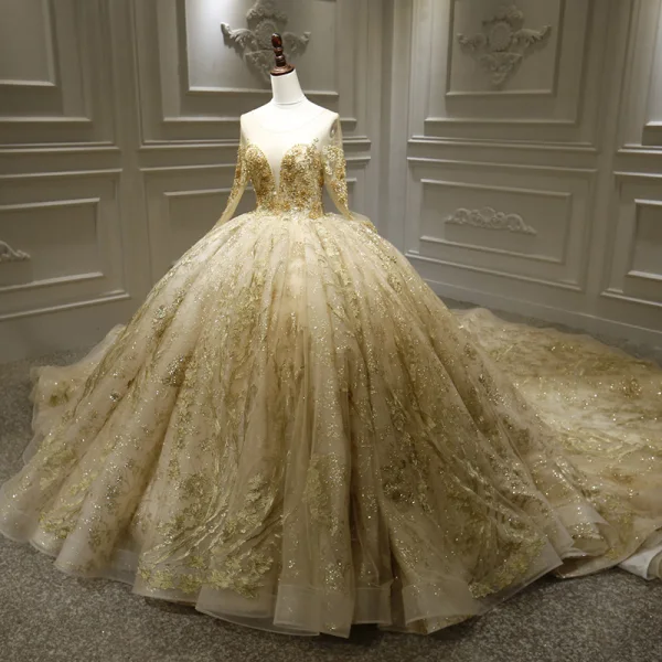 Luxury / Gorgeous Champagne Bridal Wedding Dresses 2020 Ball Gown See-through Scoop Neck Long Sleeve Backless Appliques Lace Beading Sequins Royal Train Ruffle