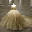 Luxury / Gorgeous Champagne Bridal Wedding Dresses 2020 Ball Gown See-through Scoop Neck Long Sleeve Backless Appliques Lace Beading Sequins Royal Train Ruffle