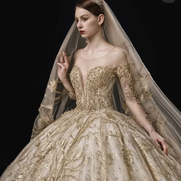 Luxury / Gorgeous Champagne Bridal Wedding Dresses 2020 Ball Gown See-through Scoop Neck Long Sleeve Backless Appliques Lace Beading Sequins Royal Train Ruffle