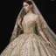 Luxury / Gorgeous Champagne Bridal Wedding Dresses 2020 Ball Gown See-through Scoop Neck Long Sleeve Backless Appliques Lace Beading Sequins Royal Train Ruffle
