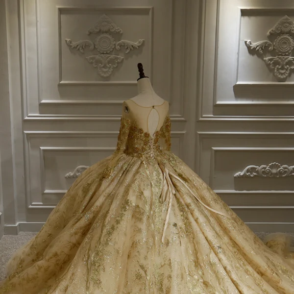 Luxury / Gorgeous Champagne Bridal Wedding Dresses 2020 Ball Gown See-through Scoop Neck Long Sleeve Backless Appliques Lace Beading Sequins Royal Train Ruffle
