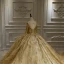 Luxury / Gorgeous Champagne Bridal Wedding Dresses 2020 Ball Gown See-through Scoop Neck Long Sleeve Backless Appliques Lace Beading Sequins Royal Train Ruffle
