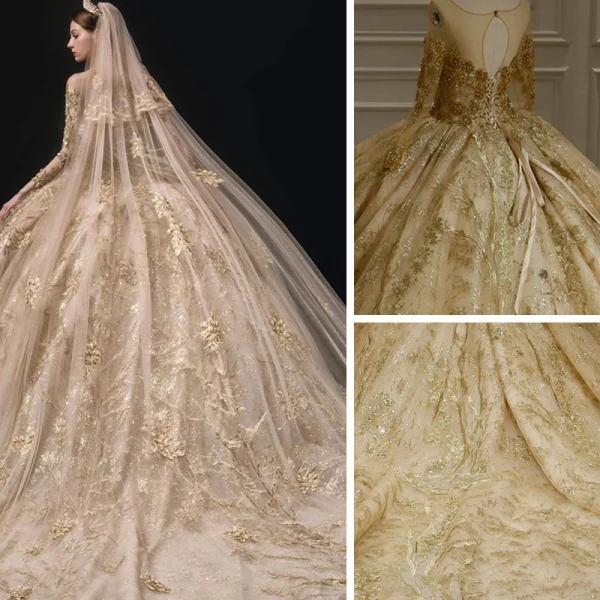 Luxury / Gorgeous Champagne Bridal Wedding Dresses 2020 Ball Gown See-through Scoop Neck Long Sleeve Backless Appliques Lace Beading Sequins Royal Train Ruffle