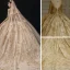 Luxury / Gorgeous Champagne Bridal Wedding Dresses 2020 Ball Gown See-through Scoop Neck Long Sleeve Backless Appliques Lace Beading Sequins Royal Train Ruffle