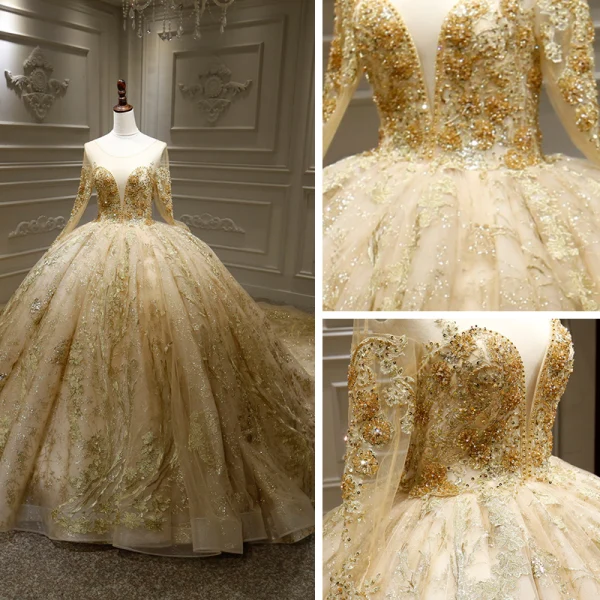 Luxury / Gorgeous Champagne Bridal Wedding Dresses 2020 Ball Gown See-through Scoop Neck Long Sleeve Backless Appliques Lace Beading Sequins Royal Train Ruffle