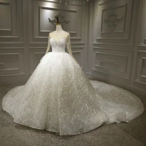 Luxe Witte Bruids Trouwjurken 2020 Baljurk Doorzichtige Ronde Hals Lange Mouwen Ruglooze Appliques Kant Kralen Pailletten Royal Train Ruche