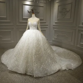 Luxe Blanche La Mariée Robe De Mariée 2020 Robe Boule Transparentes Encolure Dégagée Manches Longues Dos Nu Appliques En Dentelle Perlage Paillettes Royal Train Volants