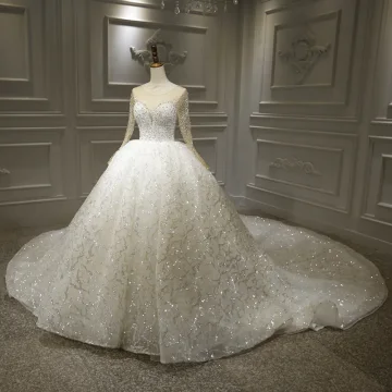 Luxe Blanche La Mariée Robe De Mariée 2020 Robe Boule Transparentes Encolure Dégagée Manches Longues Dos Nu Appliques En Dentelle Perlage Paillettes Royal Train Volants