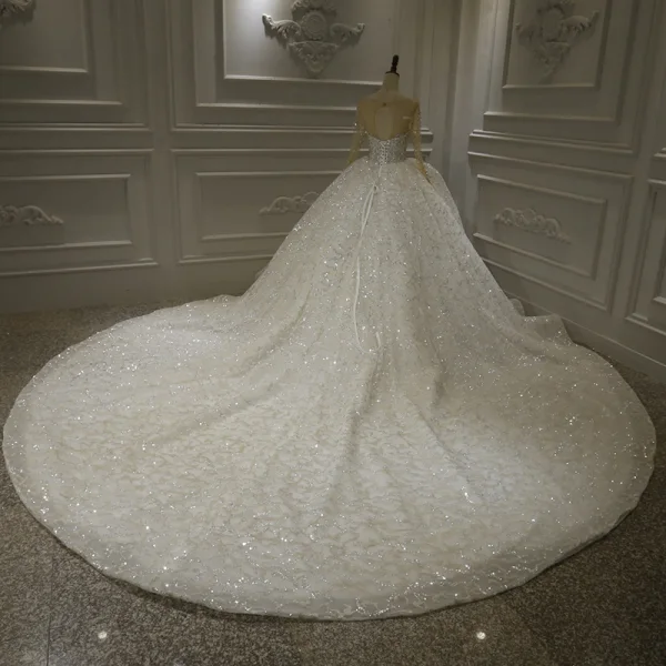 Luxury / Gorgeous White Bridal Wedding Dresses 2020 Ball Gown See-through Scoop Neck Long Sleeve Backless Appliques Lace Beading Sequins Royal Train Ruffle