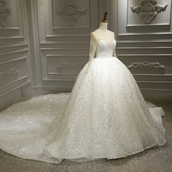 Luxury / Gorgeous White Bridal Wedding Dresses 2020 Ball Gown See-through Scoop Neck Long Sleeve Backless Appliques Lace Beading Sequins Royal Train Ruffle