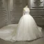Luxury / Gorgeous White Bridal Wedding Dresses 2020 Ball Gown See-through Scoop Neck Long Sleeve Backless Appliques Lace Beading Sequins Royal Train Ruffle