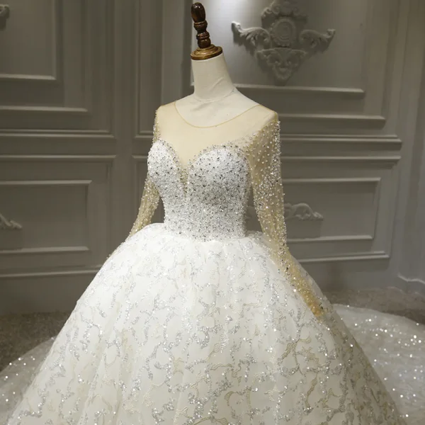 Luxury / Gorgeous White Bridal Wedding Dresses 2020 Ball Gown See-through Scoop Neck Long Sleeve Backless Appliques Lace Beading Sequins Royal Train Ruffle
