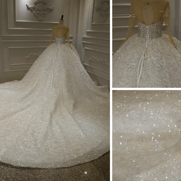 Luxury / Gorgeous White Bridal Wedding Dresses 2020 Ball Gown See-through Scoop Neck Long Sleeve Backless Appliques Lace Beading Sequins Royal Train Ruffle