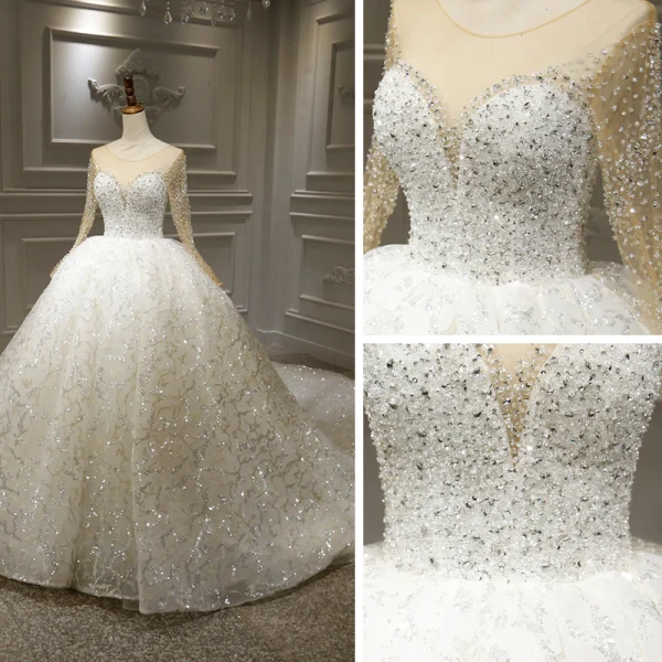 Luxury / Gorgeous White Bridal Wedding Dresses 2020 Ball Gown See-through Scoop Neck Long Sleeve Backless Appliques Lace Beading Sequins Royal Train Ruffle