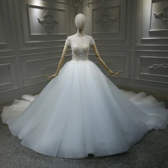 Vintage Retro White Bridal Wedding Dresses 2020 Ball Gown See Through High Neck Short Sleeve Handmade Beading Cathedral Train