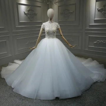 Vintage Originale Blanche La Mariée Robe De Mariée 2020 Robe Boule Transparentes Col Haut Manches Courtes Fait Main Perlage Cathedral Train