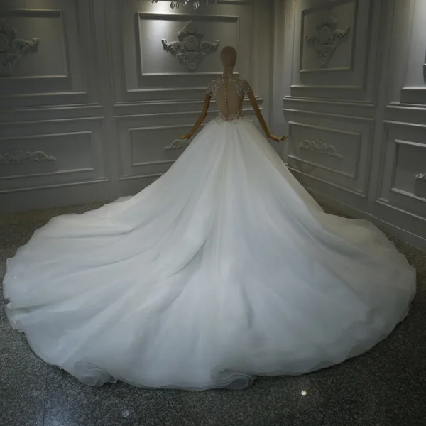 Vintage / Originale Blanche La Mariée Robe De Mariée 2020 Robe Boule Transparentes Col Haut Manches Courtes Fait main Perlage Cathedral Train