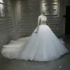 Vintage / Retro White Bridal Wedding Dresses 2020 Ball Gown See-through High Neck Short Sleeve Handmade  Beading Cathedral Train