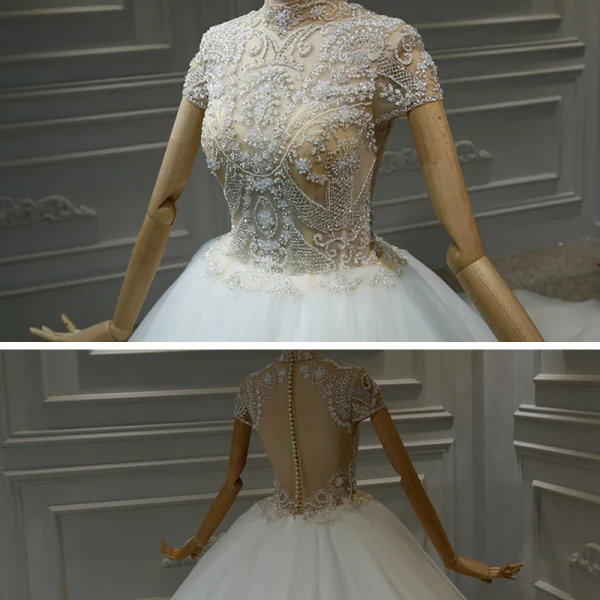 Vintage / Originale Blanche La Mariée Robe De Mariée 2020 Robe Boule Transparentes Col Haut Manches Courtes Fait main Perlage Cathedral Train