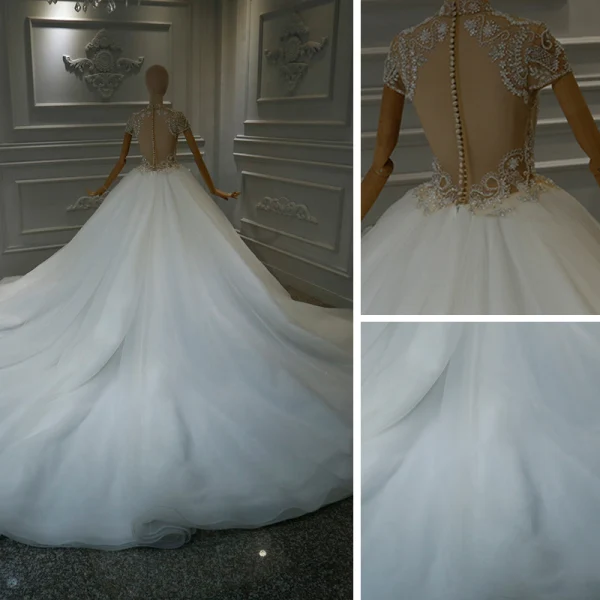 Vintage / Originale Blanche La Mariée Robe De Mariée 2020 Robe Boule Transparentes Col Haut Manches Courtes Fait main Perlage Cathedral Train