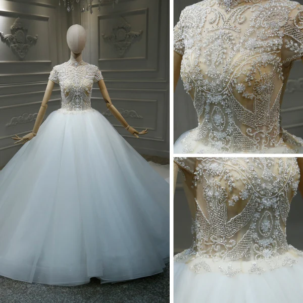 Vintage / Originale Blanche La Mariée Robe De Mariée 2020 Robe Boule Transparentes Col Haut Manches Courtes Fait main Perlage Cathedral Train