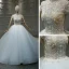 Vintage / Originale Blanche La Mariée Robe De Mariée 2020 Robe Boule Transparentes Col Haut Manches Courtes Fait main Perlage Cathedral Train
