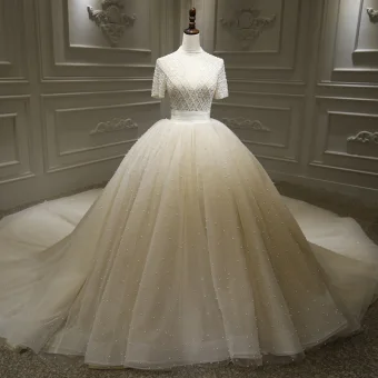 Stunning Champagne Bridal Wedding Dresses 2020 Ball Gown Deep V Neck Short Sleeve Handmade Beading Pearl Glitter Tulle Cathedral Train