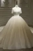 Stunning Champagne Bridal Wedding Dresses 2020 Ball Gown Deep V-Neck Short Sleeve Handmade  Beading Pearl Glitter Tulle Cathedral Train
